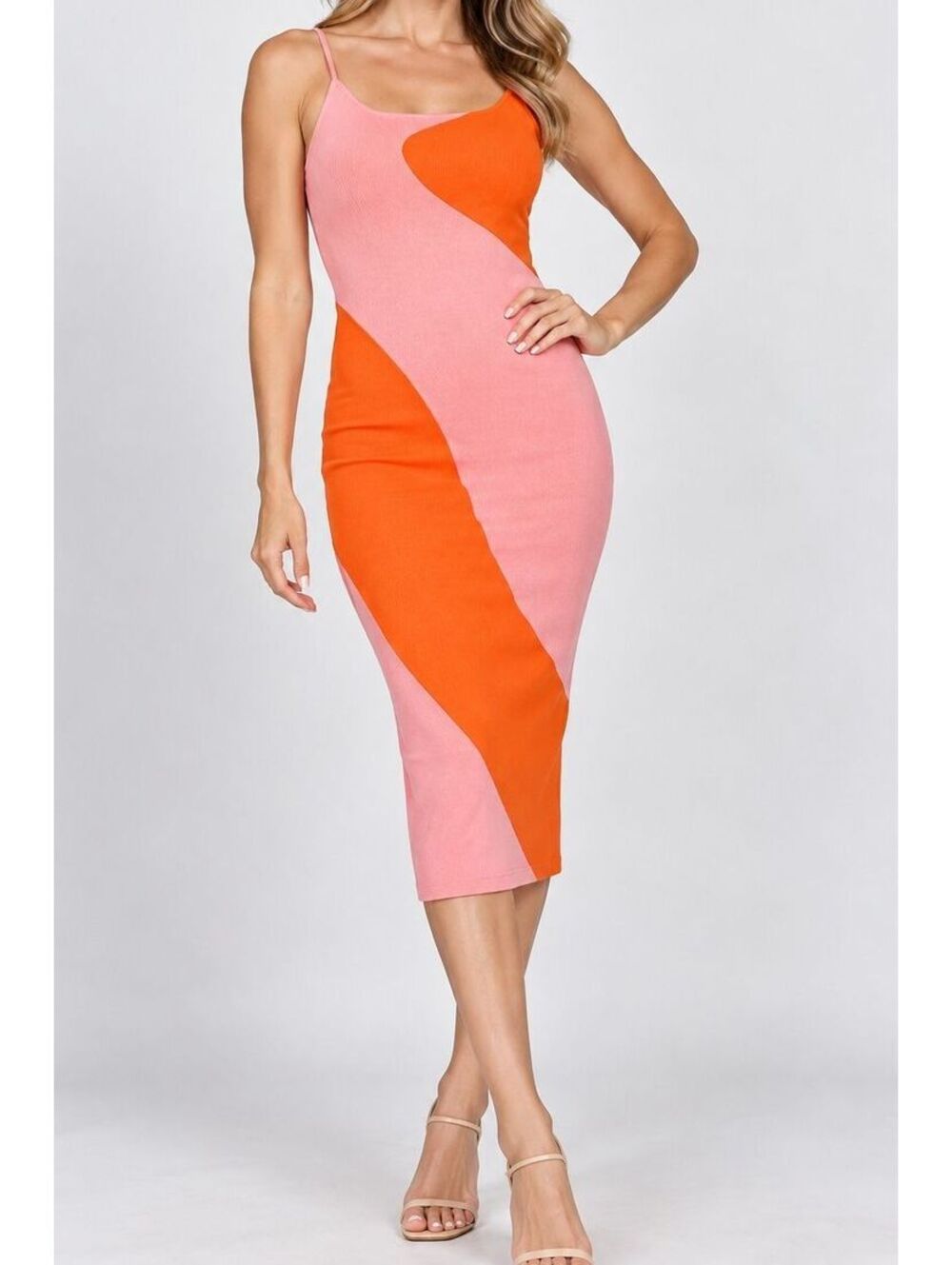 Pink and Orange Color Bodycon Block Knit Midi Dress with Adjustable Straps Med
